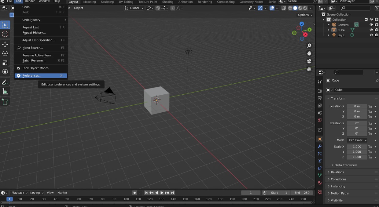 Blender-Screenshot mit geöffnetem Edit-Menü