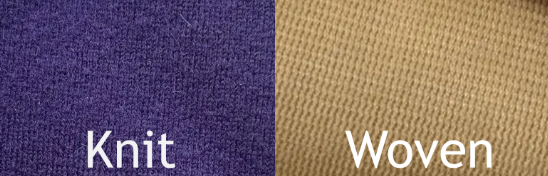 Vergleich zwischen gestrickten und gewebten Trägergeweben. Das gestrickte sieht wie nach oben zeigende Pfeilspitzen aus, das gewebte wie viele Seile