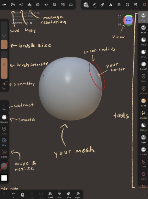 Benutzeroberfläche von Nomad Sculpt mit Markierungen wichtiger Funktionen der GUI