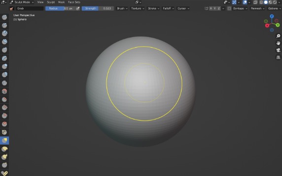 Blenders Standardansicht im Sculpt Mode mit einer unterteilten Sphere