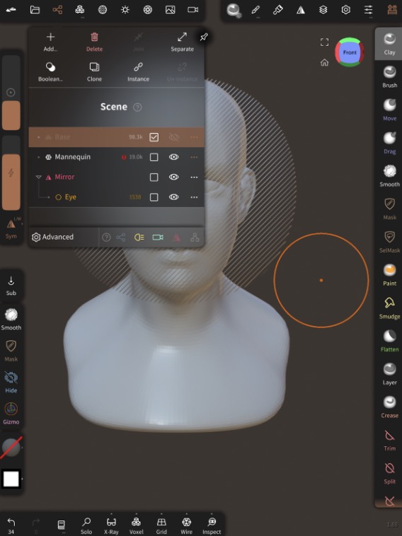 Durchsichtige Sphere, auf dem Mannequin positioniert und skaliert